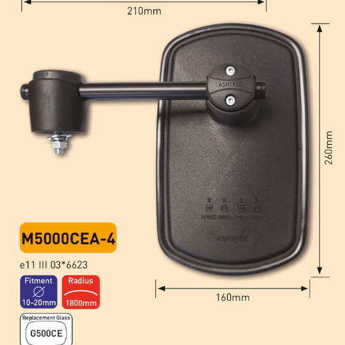Ashtree Main Mirror, Class II & III, 160mm x 260mm, Comes with 210 mm arm and mounting bracket, M5000CEA4