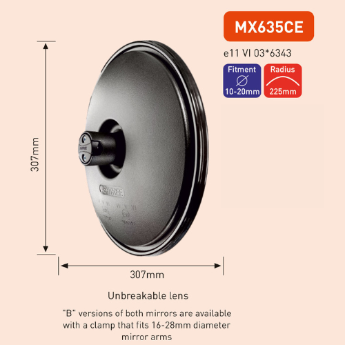 Driver Front Visibility Mirror, Unbreakable Glass, Class VI, 307mm x 307mm, R 225mm, Fits 10-20mm dia arm, Ashtree MX635CE