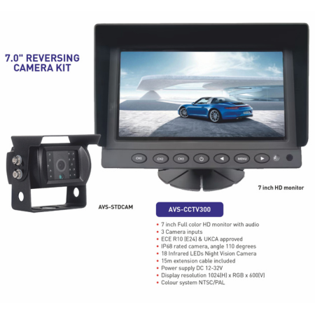 Ashtree Reversing Camera kit, 7'' Colour Monitor with Audio, 12/32v, AVS-CCTV300