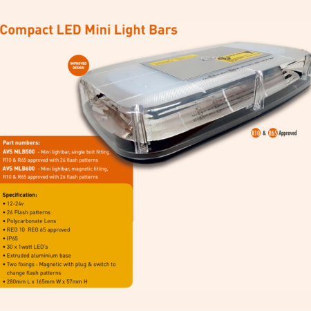 12/24v 280mm REG 10 & REG 65 Approved, 1 Bolt Fitting Compact LED Mini Light Bar, Ashtree AVS-MLB500