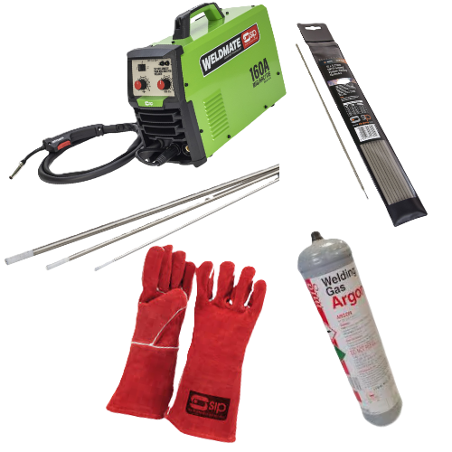 SIP 05733 WELDMATE 160A MIG/ARC/TIG Welder with Welding & Zirconiated Tungsten Electrodes, Argon Gas Bottle & Gauntlets– Ultimate Welding Starter Bundle