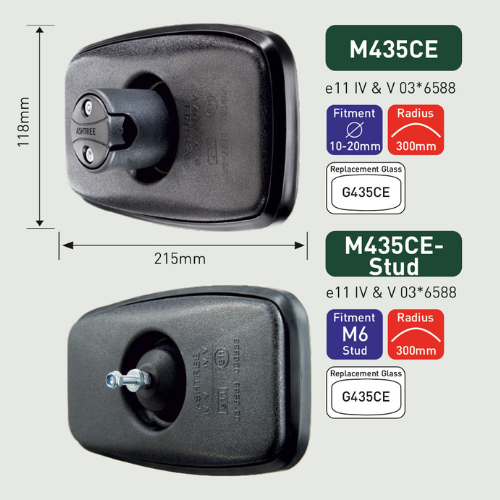 Wide Angle Mirror, Class IV & V, R 300mm, Fitment M6 Stud, Ashtree M435CE-Stud