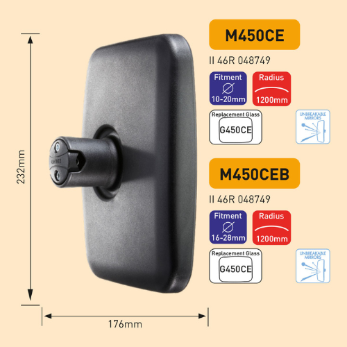 Pair of Main Mirror, Class II & III, Unbreakable Glass, 232mm x 176mm, R 1200mm, Fits to 10-20mm dia arm, Ashtree M450CE+M450CE