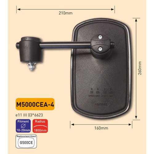 Pair of Main Mirror, Class II & III, 160mm x 260mm, R 1800mm, Comes with 210mm arm and mounting bracket, Fits 10-20mm dia arm, Ashtree M5000CEA4+M5000CEA4
