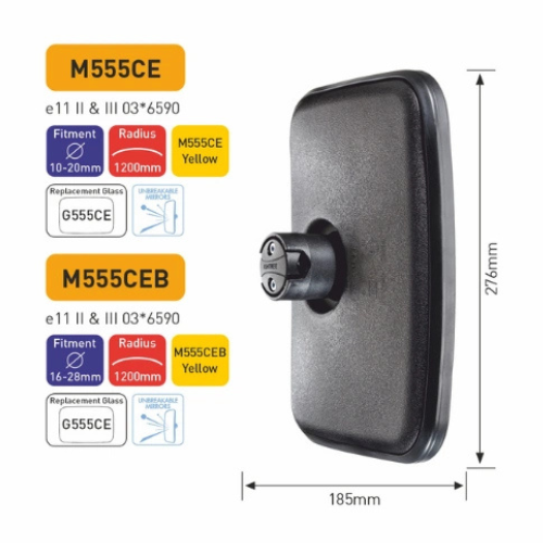 Pair of Main Mirror, Yellow, Class II & III, 185mm x 276mm, R 1200mm, Fits 16-28mm dia arm, Ashtree M555CEB-Yellow+M555CEB-Yellow