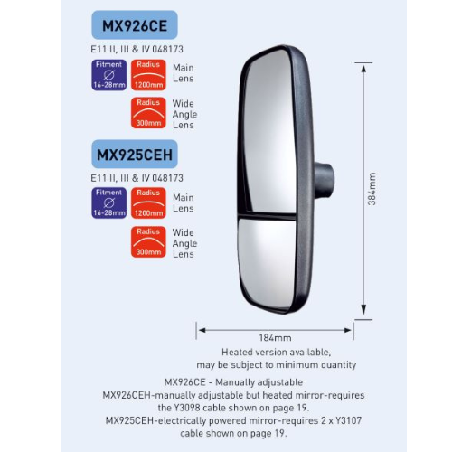 Pair of Twin Lens Main Mirror, Manual Adjustment, Class II, III & IV, 184mm x 384 mm, Main lens R 1200mm, Wide Angle Lens R 300mm, Fits to 16 -28mm dia arm, Ashtree MX926CE+MX926CE