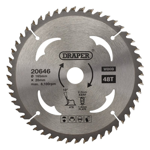 Draper 20646 TCT Circular Saw Blade for Wood, 165 x 20mm, 48T
