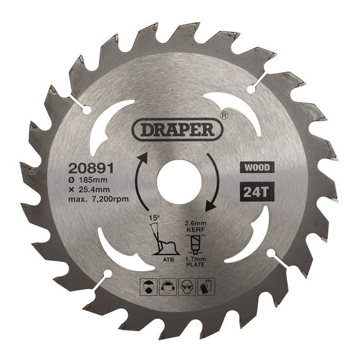 Draper 20891 TCT Circular Saw Blade for Wood, 185 x 25.4mm, 24T