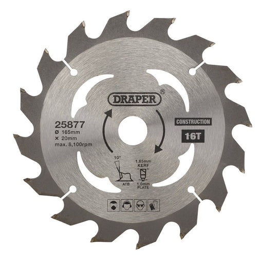 Draper 25877 TCT Cordless Construction Circular Saw Blade for Wood & Composites, 165 x 20mm, 16T