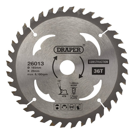 Draper 26013 TCT Cordless Construction Circular Saw Blade for Wood & Composites, 165 x 20mm, 36T