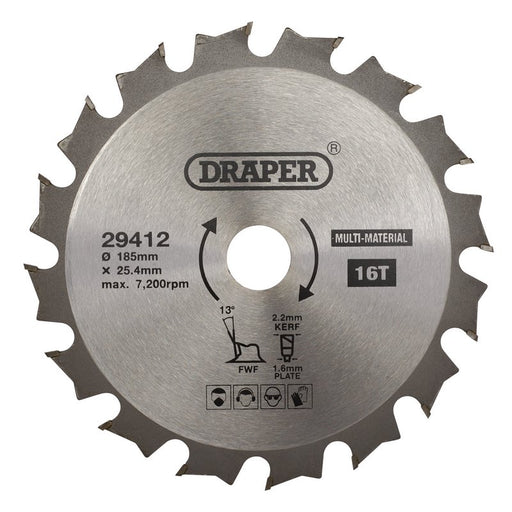 Draper 29412 TCT Multi-Purpose Circular Saw Blade, 185 x 25.4mm, 16T