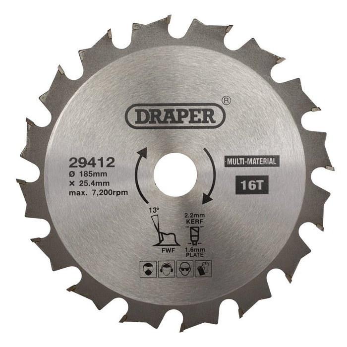 Draper 29412 TCT Multi-Purpose Circular Saw Blade, 185 x 25.4mm, 16T