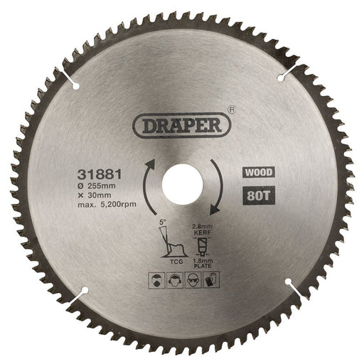Draper 31881 TCT Triple Chip Grind Circular Saw Blade, 255 x 30mm, 80T