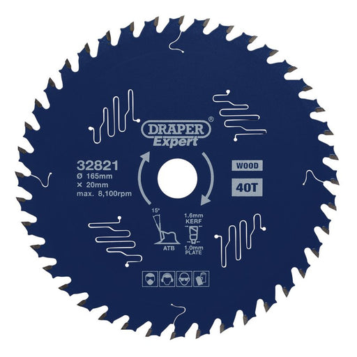 Draper 32821 Expert TCT Circular Saw Blade for Wood with PTFE Coating, 165 x 20mm, 40T