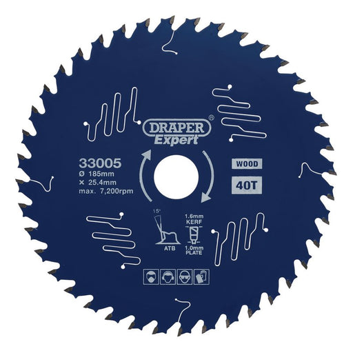 Draper 33005 Expert TCT Circular Saw Blade for Wood with PTFE Coating, 185 x 25.4mm, 40T