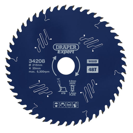 Draper 34208 Expert TCT Circular Saw Blade for Wood with PTFE Coating, 210 x 30mm, 48T
