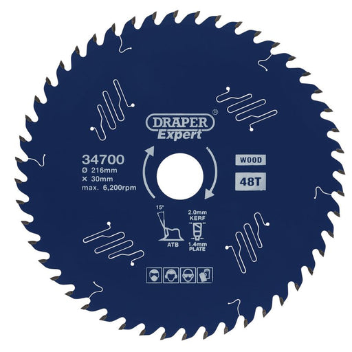 Draper 34700 Expert TCT Circular Saw Blade for Wood with PTFE Coating, 216 x 30mm, 48T