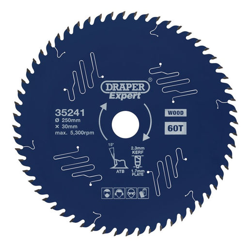Draper 35241 Expert TCT Circular Saw Blade for Wood with PTFE Coating, 250 x 30mm, 60T
