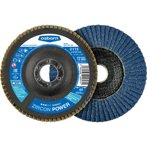 Osborn ZIRCON POWER Flap Disc 125mm Grit 60 - Tapered, 22.23mm Bore, 12,250 RPM