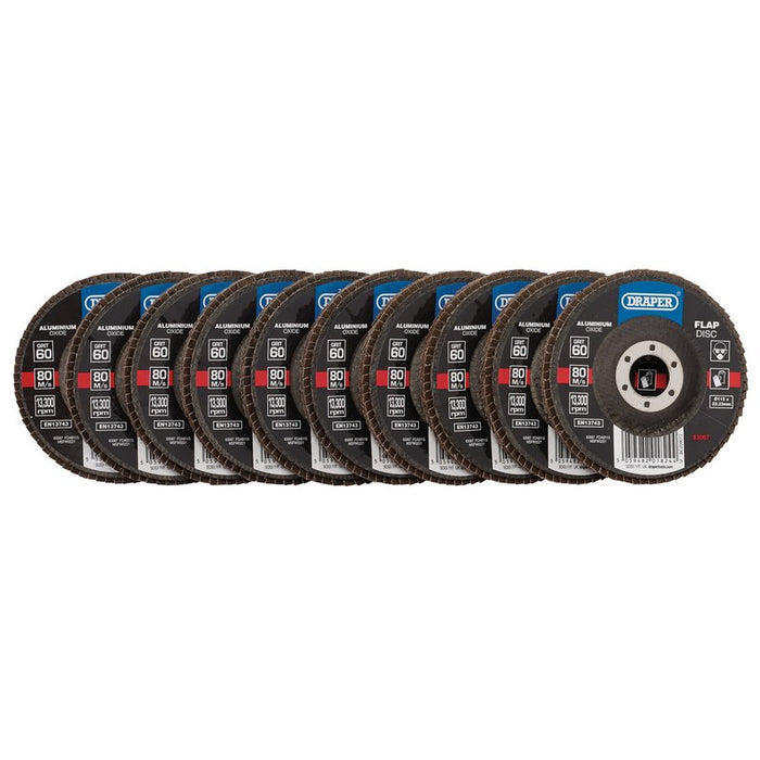 Draper Aluminium Oxide Flap Discs, 115 x 22.23mm 60 Grit Pack of 10, 83067