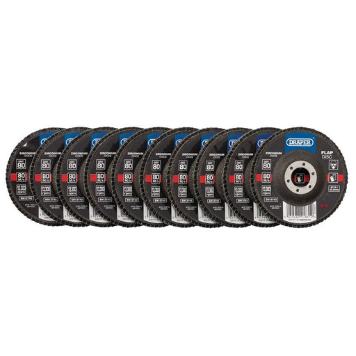 Draper Zirconium Oxide Flap Discs, 115 x 22.23mm 80 Grit - Pack of 10, 85752