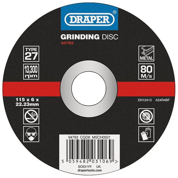 Draper DPC Metal Grinding Disc, 115 x 6 x 22.23mm, 94793