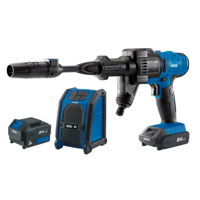 Draper 94796 D20 20V Pressure Washer, D20 20V Wireless Speaker, 1 x 2.0Ah, 1 x 3.0Ah, 1 x Fast Charger