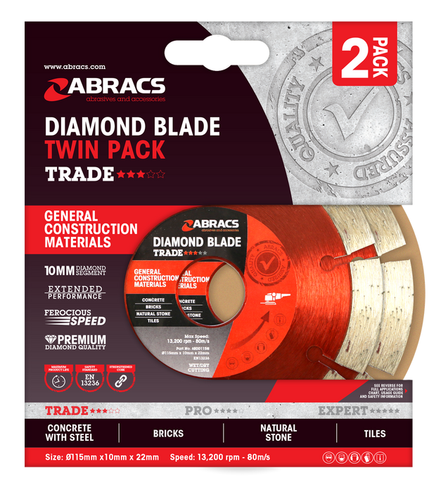 Abracs Diamond Blade GCM - Trade Twin Pack, 115mm x 10mm x 22mm, ABDD115MTWIN
