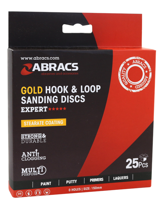 Abracs Gold Hook & Loop Sanding Discs, 150mm x 240g - 0 Hole - Pack of 25, ABHLG0150240