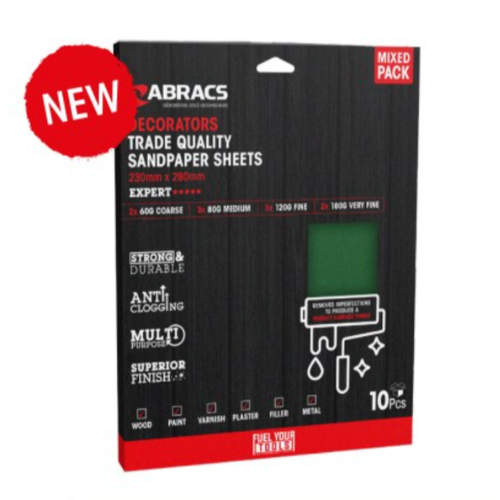 Abracs Decorators Sanding Sheet 230x280mm 60/80/120/180g Pack of 10, ABSGMIX