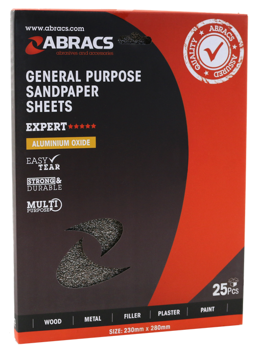 Abracs Sandpaper Sheets, 230mm x 280mm x 180g - Pack of 25, ABSP180