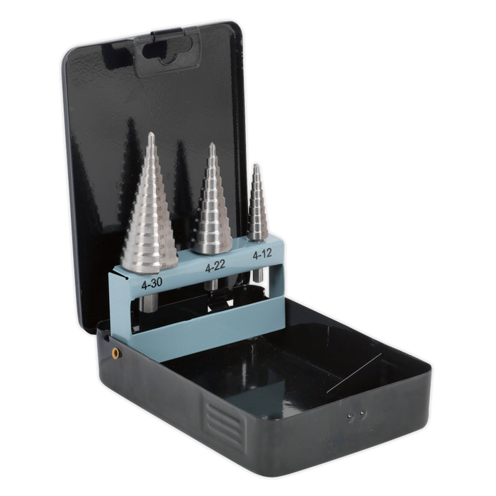Sealey AK4746 HSS 4341 Step Drill Bit Set 3pc Double Flute