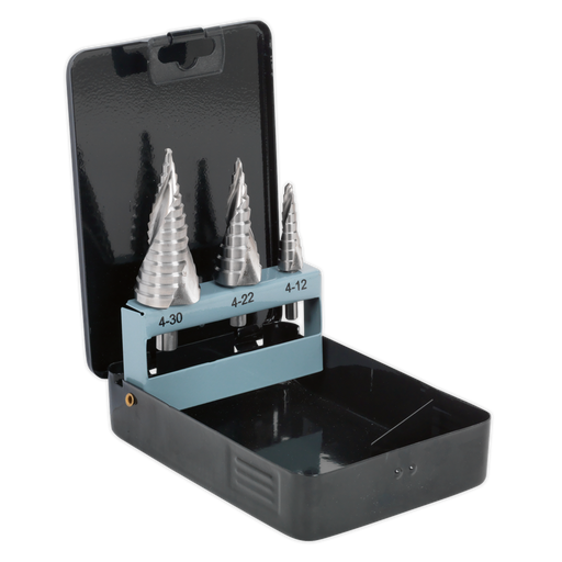 Sealey AK4749 HSS 4341 Step Drill Bit Set 3pc Spiral Flute