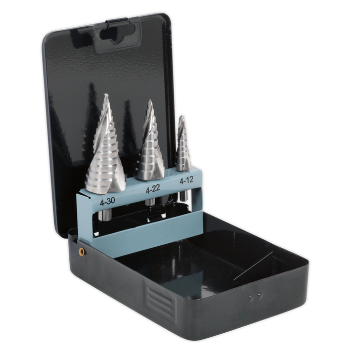 Sealey AK4749 HSS 4341 Step Drill Bit Set 3pc Spiral Flute