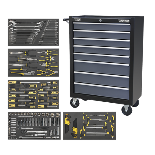 Sealey AP35TBCOMBO3 Rollcab 8 Drawer Ball-Bearing Slides - Black/Grey with 136pc Tool Kit, Ex-Showroom, Grade B, 6 Months Warranty