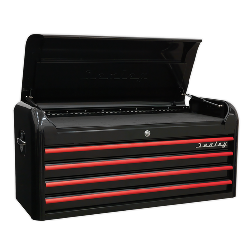 Sealey AP41104BR Topchest 4 Drawer Wide Retro Style - Black with Red Anodised Drawer Pulls, Refurbished, Grade C, 6 Months Warranty