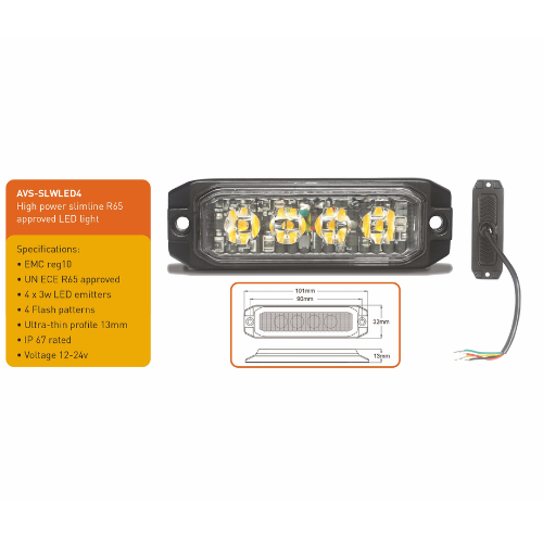 Ashtree 12/24v Simeline LED Warning Light REG 10 & R65 Approved, AVS-SLWLED4