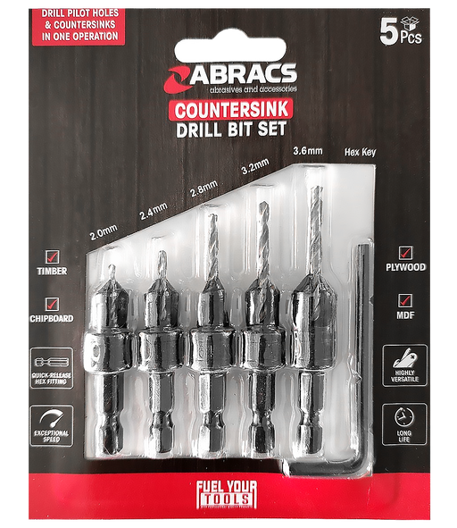 Abracs Countersink + Drill Bit - 5 (Pcs)Set Pack of 1, CSDBSET5