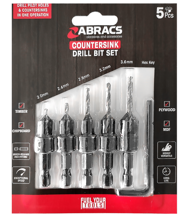 Abracs Countersink + Drill Bit - 5 (Pcs)Set Pack of 1, CSDBSET5