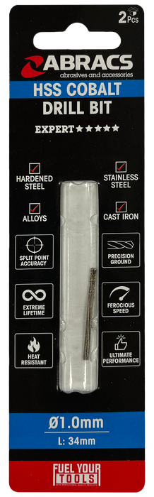 Abracs 1.0mm Cobalt M35 HSS Drill Bit - 2(Pcs) Pack of 1, DBCB01002