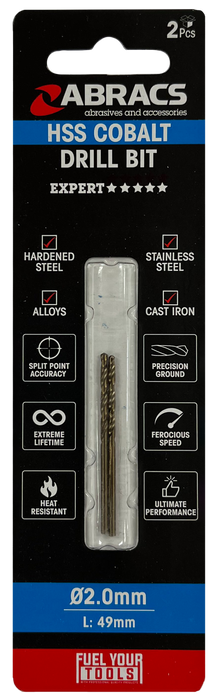 Abracs 2.0mm Cobalt M35 HSS Drill Bit - 2 (Pcs) Pack of 1, DBCB02002