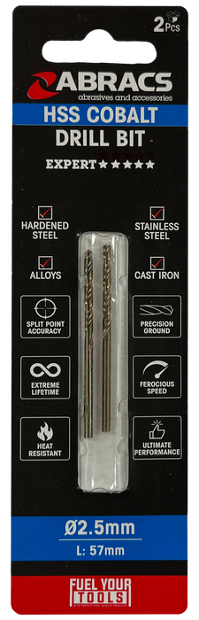 Abracs 2.5mm Cobalt M35 HSS Drill Bit - 2 (Pcs) Pack of 1, DBCB02502