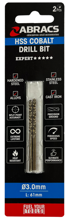 Abracs 3.0mm Cobalt M35 HSS Drill Bit - 2(Pcs) Pack of 1, DBCB03002