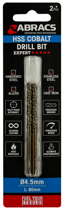 Abracs 4.5mm Cobalt M35 HSS Drill Bit - 2(Pcs) Pack of 1, DBCB04502