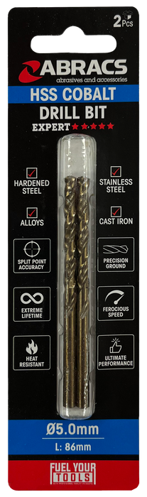 Abracs 5.0mm Cobalt M35 HSS Drill Bit - 2(Pcs) Pack of 1, DBCB05002