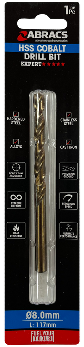 Abracs 8.0mm Cobalt M35 HSS Drill Bit - Pack of 1, DBCB08001