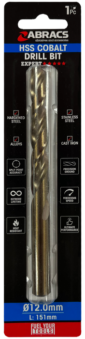Abracs 12.0mm Cobalt M35 HSS Drill Bit - Pack of 1, DBCB12001
