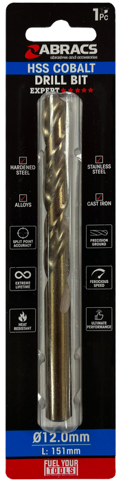 Abracs 12.0mm Cobalt M35 HSS Drill Bit - Pack of 1, DBCB12001