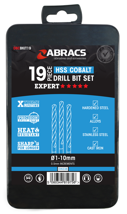 Abracs 19pc Cobalt M35 HSS Drill Bit Kit Pack of 1, DBCBKIT19