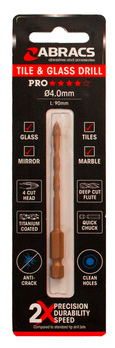 Abracs 4.0mm x 90mm Glass & Tile Drill Bit - 4 Tip, DBG040